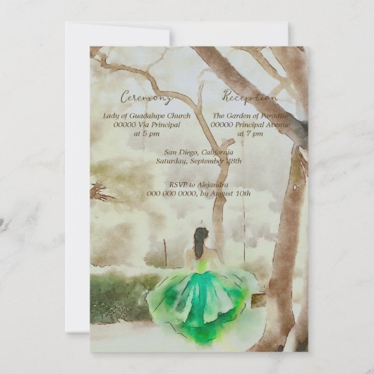 Invitation Elégante robe verte Aquarelle Jardin Quinceañera (Dos)