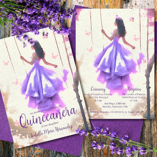 Invitation Elégante robe violette Dreamy Aquarelle Quinceañer