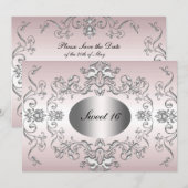 Invitation élégante rose argent pour Sweet 16 (Devant / Derrière)