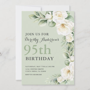 Invitation Elégante Rose blanche Eucalyptus 95ème BIrthday Pa
