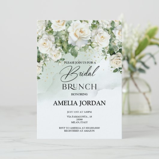 Invitation Élégante Rose blanche vert Bridal Brunch Invitatio (Debout devant)