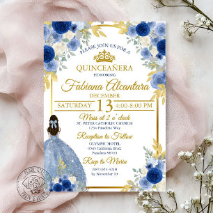 Invitation Élégante Rose Bleu Royal & Or Quinceañera