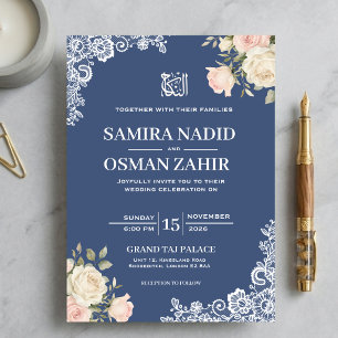 Invitation Élégante Rose Bleue Florale Dentelle Nikah Mariage