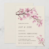 Invitation Élégante rose cerise fleurs fille Sip et voir (Devant / Derrière)