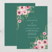 Invitation Élégante Rose de Mariage Vert Forêt (Devant / Derrière)