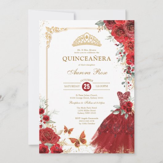 Invitation Elégante Rose d'or rouge Quinceañera Princesse (Devant)