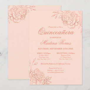 Invitation Élégante Rose en Or Rose Esquisse Florale Quincean