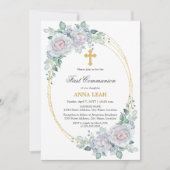 Invitation Élégante Rose Florale Croix d'or première communio (Devant)