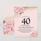 Invitation Elégante rose florale & Parties scintillant 40e fê (Devant / Derrière)
