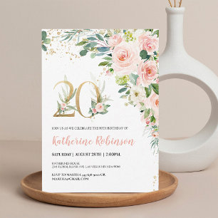 Invitation élégante rose florale pour ses 20 ans
