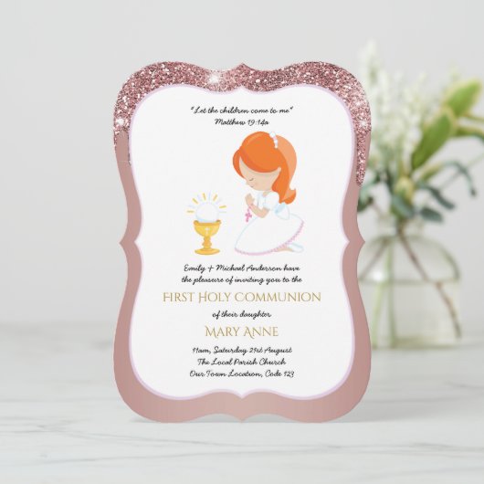 Invitation Élégante Rose Gold Girls Première Sainte Communion (Debout devant)