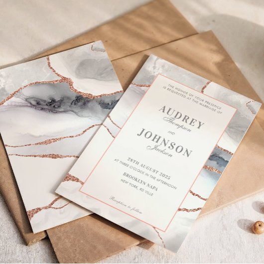 Invitation Élégante Rose Gold Mariage Marbre Argent