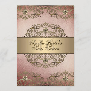 Invitation Élégante Rose Gold Vintage Damask Sweet Sixteen