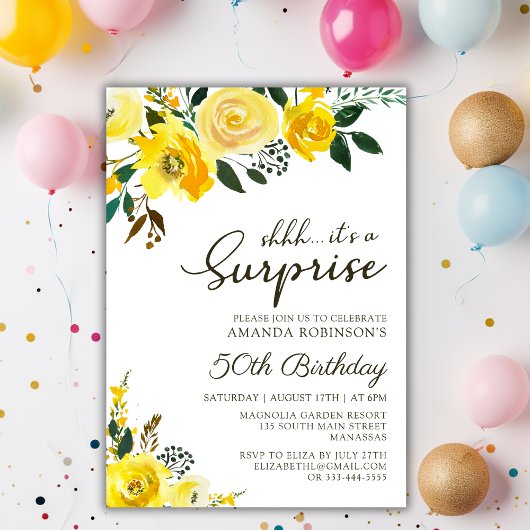 Invitation Élégante Rose jaune Florale Surprise 50e anniversa