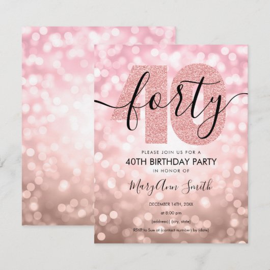Invitation Elégante Rose moderne Gold 40th Birthday Party (Devant / Derrière)