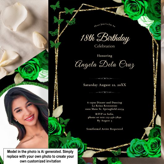 Invitation Élégante Rose noire or vert Début 18 ans