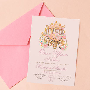 Invitation Elégante Rose or Floral Princesse 1er anniversaire