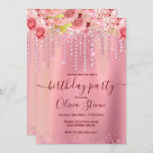 Invitation Elégante rose or goutte parties scintillant à gout (Devant / Derrière)