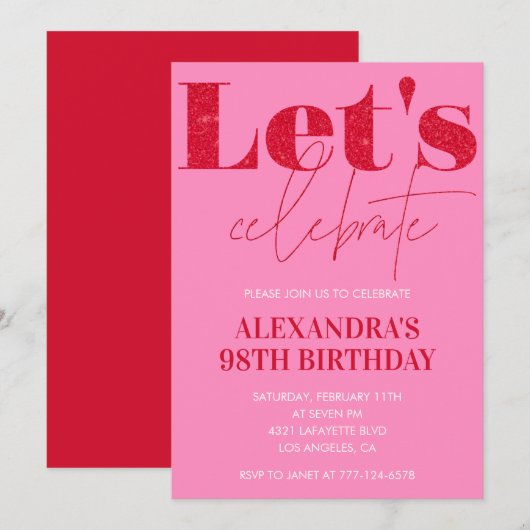 Invitation élégante rose pour 98e anniversaire Pai (Devant / Derrière)