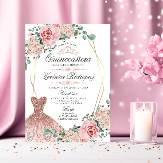 Invitation Elégante Rose Quinceañera Quince Crown Tiara