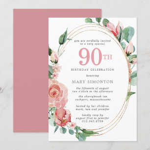 Invitation Elégante Rose Rose Floral 90e fête d'anniversaire