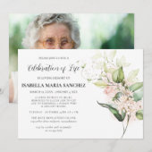 Invitation Élégante Rose rose Floral Célébration de la vie (Devant / Derrière)