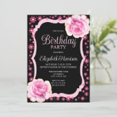 Invitation Élégante Rose rose floral noir fête d'anniversaire (Debout devant)