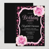 Invitation Élégante Rose rose floral noir fête d'anniversaire (Devant / Derrière)