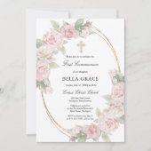 Invitation Élégante Rose Rose Floral Première communion (Devant)