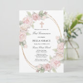 Invitation Élégante Rose Rose Floral Première communion (Debout devant)