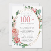 Invitation Élégante Rose rose florale 100e fête d'anniversair (Devant)