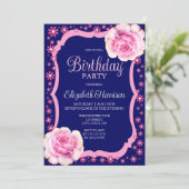Invitation Élégante Rose rose florale bleu foncé fête d'anniv (Debout devant)