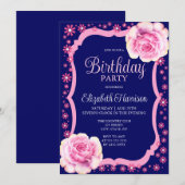 Invitation Élégante Rose rose florale bleu foncé fête d'anniv (Devant / Derrière)