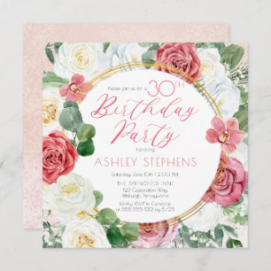 Invitation Élégante rose rose   Gold Frame 30th Birthday Part