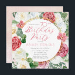 Invitation Élégante rose rose | Gold Frame 70th Birthday Part<br><div class="desc">Elégante et classe rose et blanc rose floral avec sauge vert eucalyptus verdure "fête d'anniversaire" conception de texte avec lignes géométriques dorées cadre circulaire.</div>