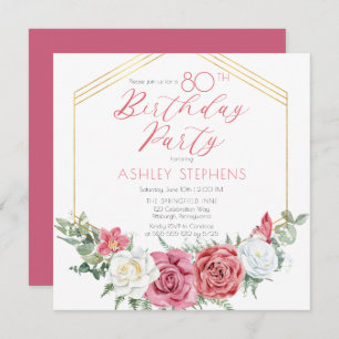 Invitation Élégante rose rose   Gold Frame 80th Birthday Part