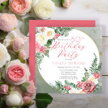 Invitation Élégante rose rose | Gold Frame 80th Birthday Part<br><div class="desc">Fleur rose et blanche élégante et élégante,  vert sage,  vert vert,  design de texte "Anniversaire" avec lignes géométriques dorées,  cadre circulaire.</div>