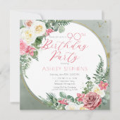 Invitation Élégante rose rose | Gold Frame 90th Birthday Part (Devant)