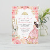 Invitation Elégante Rose Rose Or Tiara Princesse Quinceañera (Debout devant)