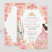Invitation Elégante Rose Rose Or Tiara Princesse Quinceañera (Devant / Derrière)
