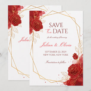 Invitation Élégante Rose Rouge et Géométrique Or Save the Dat