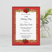 Invitation Elégante Rose rouge Gold photo Anniversaire (Debout devant)