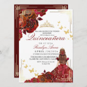 Invitation Elégante Rose Rouge Or Princesse Quinceañera (Devant / Derrière)