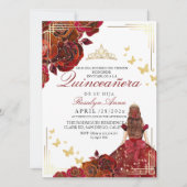 Invitation Elégante Rose Rouge Or Princesse Quinceañera (Devant)