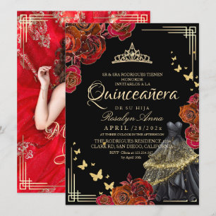 Invitation Élégante Rose Rouge Papillon Noir Or Quinceañera