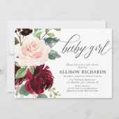 Invitation Elégante rose rousse bordeaux floral fille bébé (Devant)