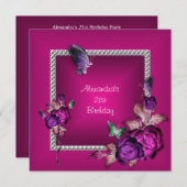 Invitation Élégante rose violet fleuris de bijoux 21e anniver (Devant / Derrière)