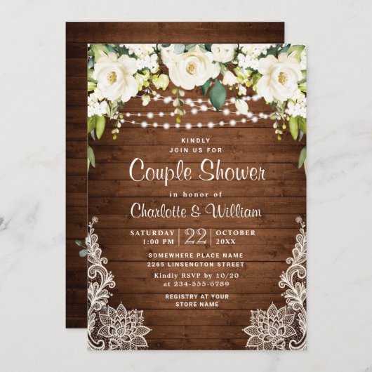 Invitation Elégante Roses Blanches Dentelle Rustique Couple D (Devant / Derrière)