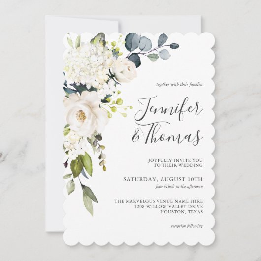 Invitation Elégante Roses Blanches et Hydrangeas Mariage Flor (Devant)