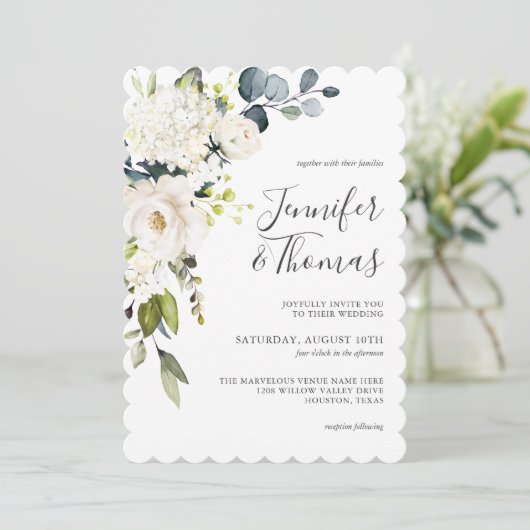Invitation Elégante Roses Blanches et Hydrangeas Mariage Flor (Debout devant)